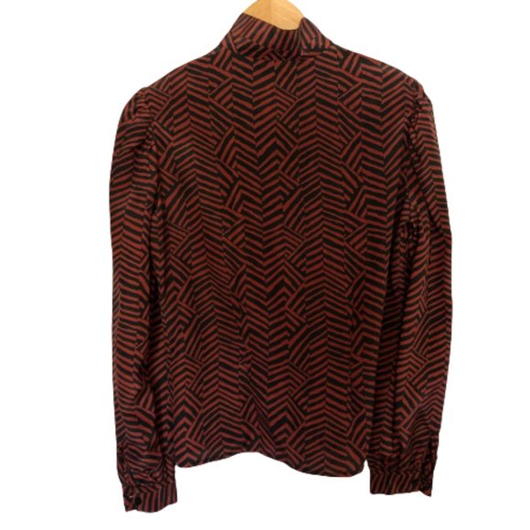 Vtg Geometric Puff Sleeve Ruffle Tab Patterned Top - Picture 11 of 15